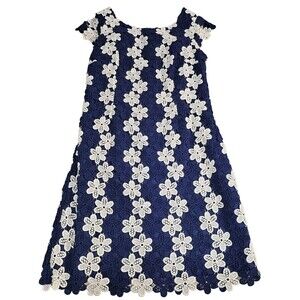 Women’s Lilly Pulitzer EMBROIDERED Blue & White Cap Sleeve Lace Dress 8 A line